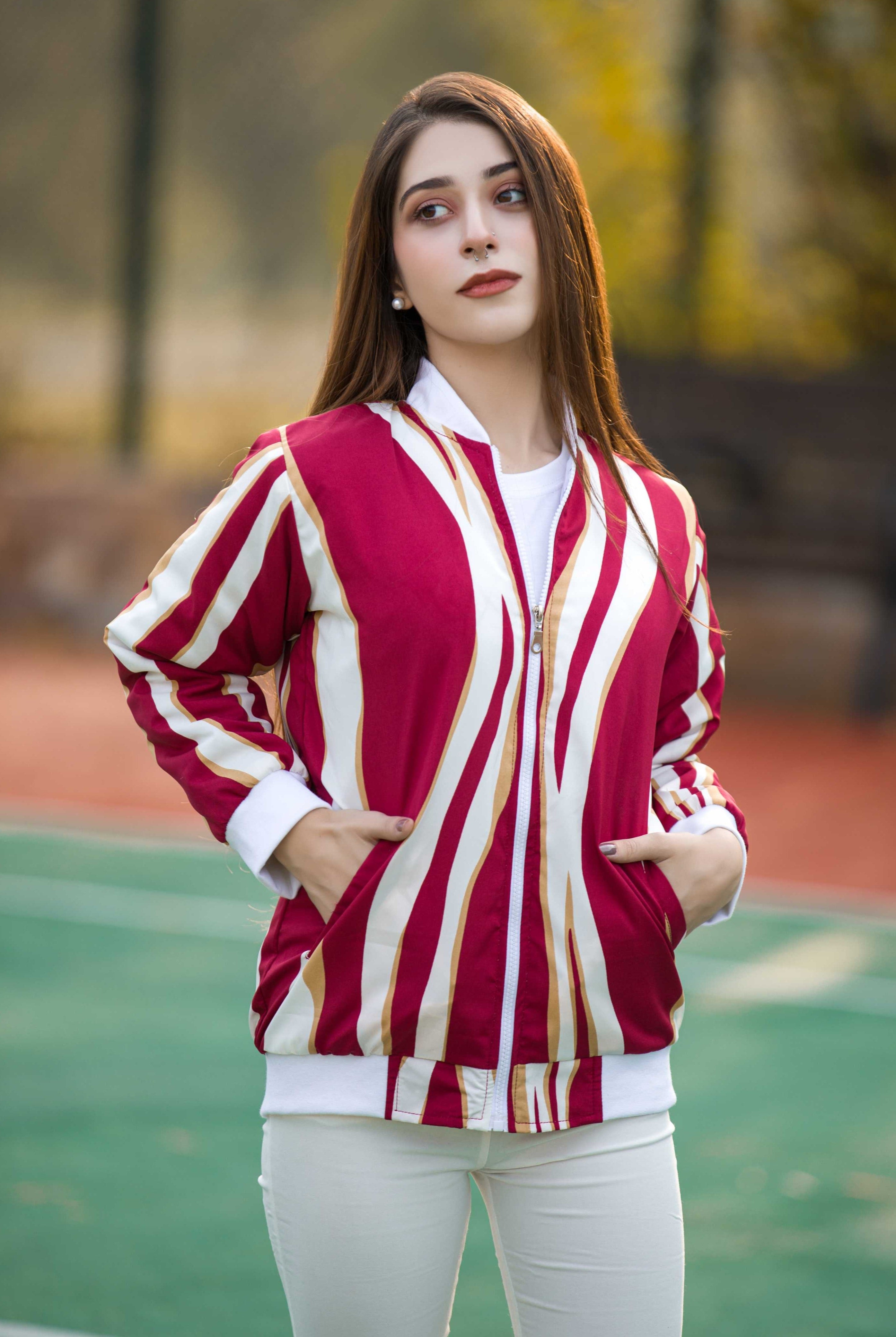 Maroon Striped Comfort Women's Jacket