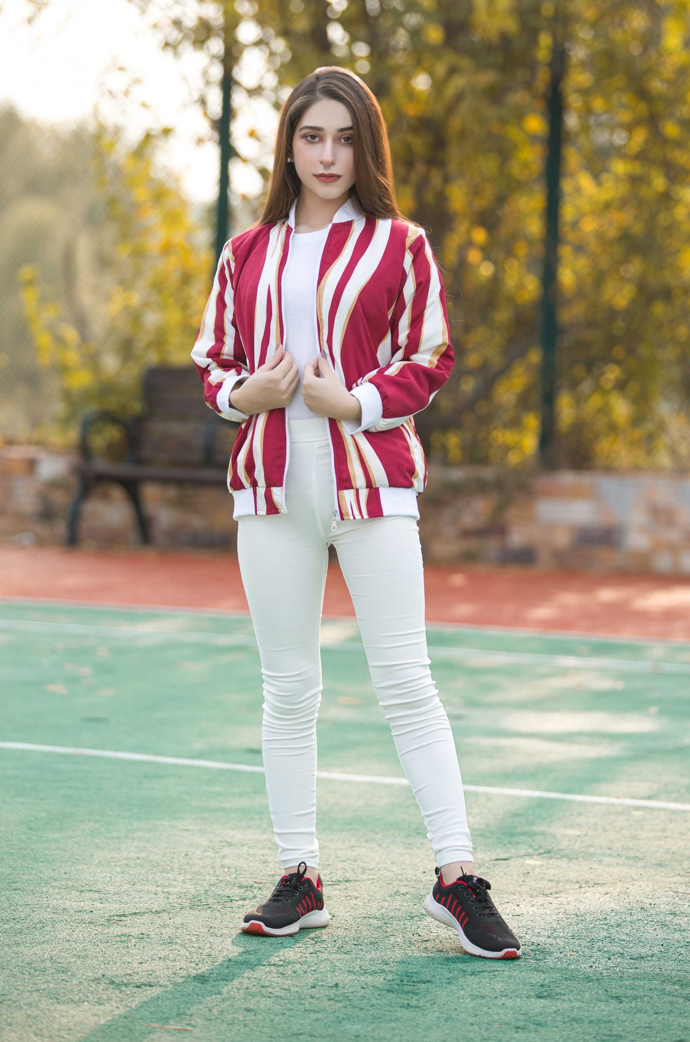 Maroon Striped Comfort Women's Jacket