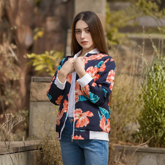 Navy Blue Shaded Leaf Women's Jacket