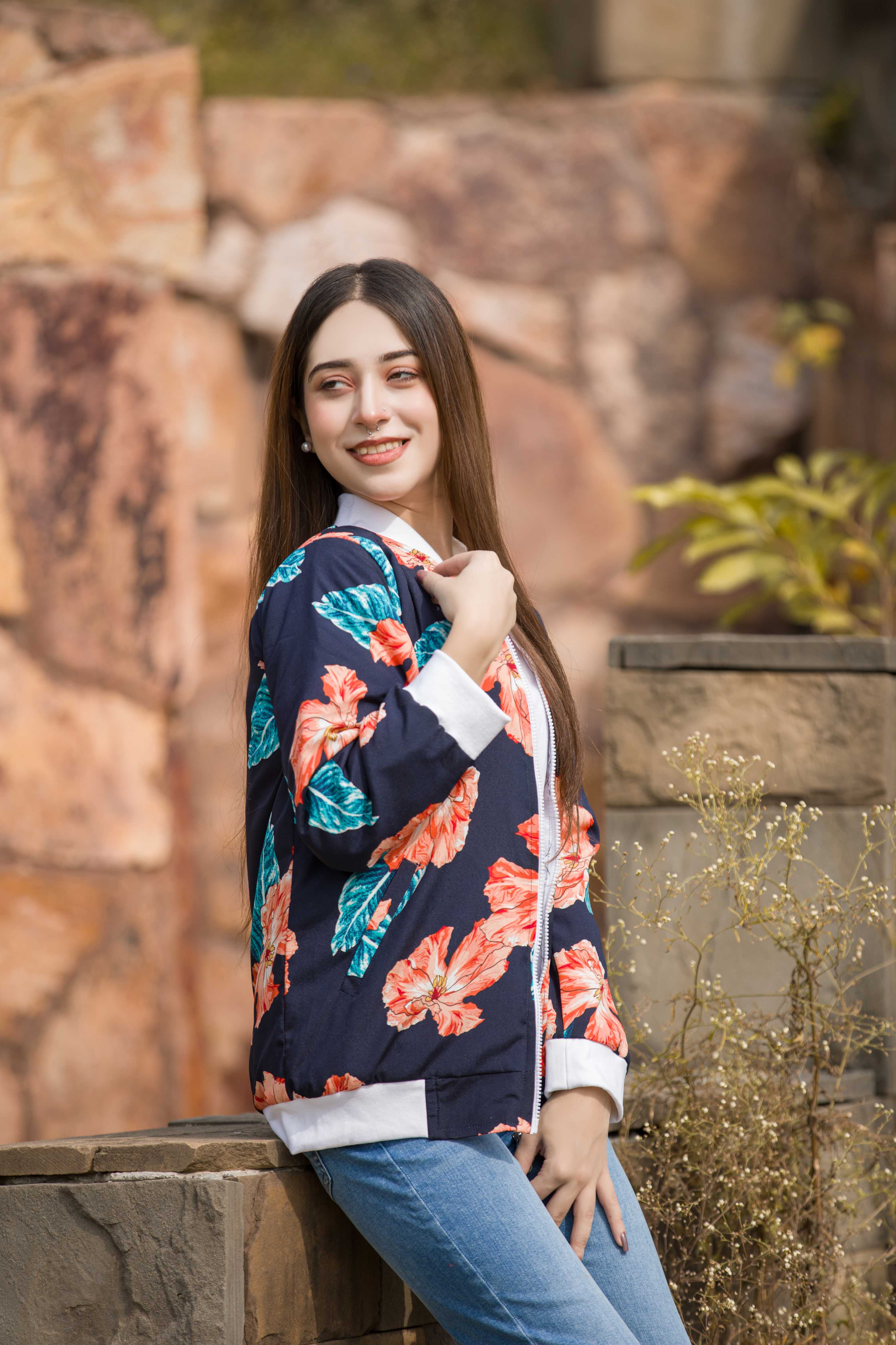 Navy Blue Shaded Leaf Women's Jacket